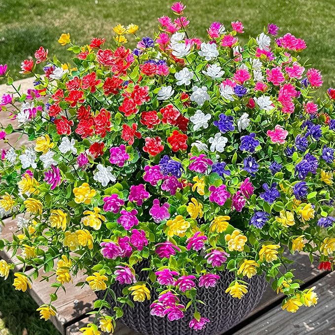Ivydale Artificial Fake Flowers Plants for Outdoors Indoor Decoration, 12 Bundles Faux Plastic Mix-Colored Daisy Flowers UV Resistant Faux Mums Greenery Bushes Shrubs for Home Porch Patio Garden