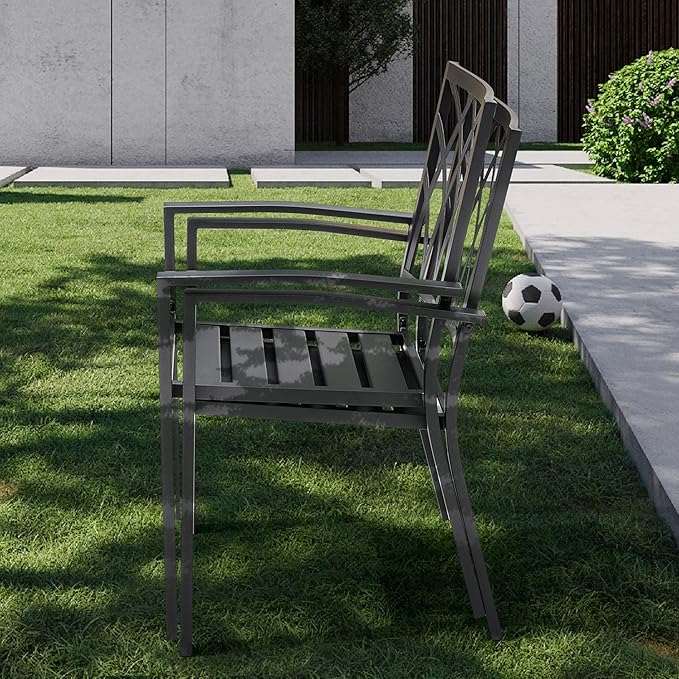 NUU GARDEN Outdoor Patio Dining Chairs Set of 2, Stackable Metal Patio Chairs with Armrests, Portable Dining Chairs for Backyard, Lawn, Deck, Porch, Poolside, Bistro, Black