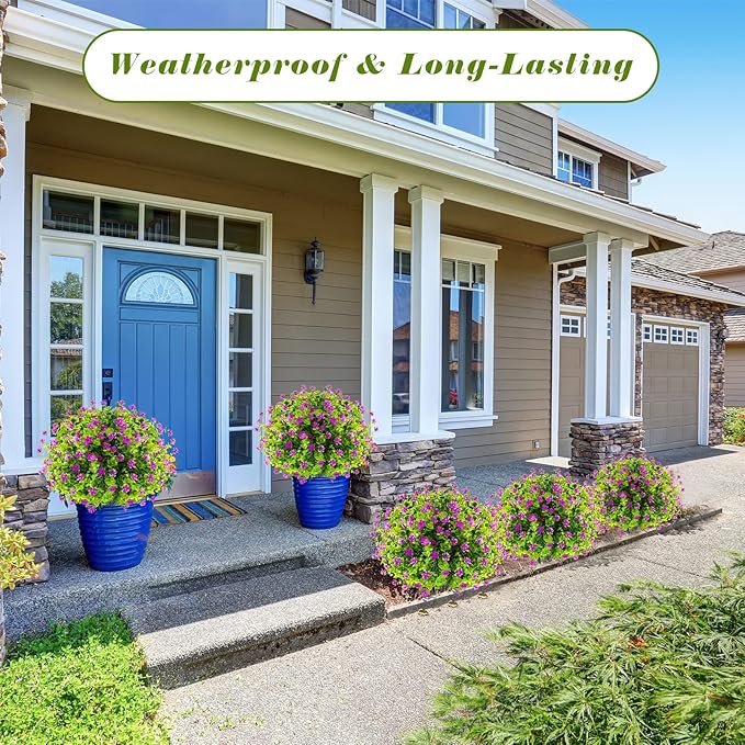 Yunlly 6 Pcs Outdoor Artificial Topiary Ball Trees 22" with Colorful Flowers, Boxwood Fake Bushes Shrubs with Spike, UV Resistant Evergreen Plants for Front Porch Garden Decor (Purple)