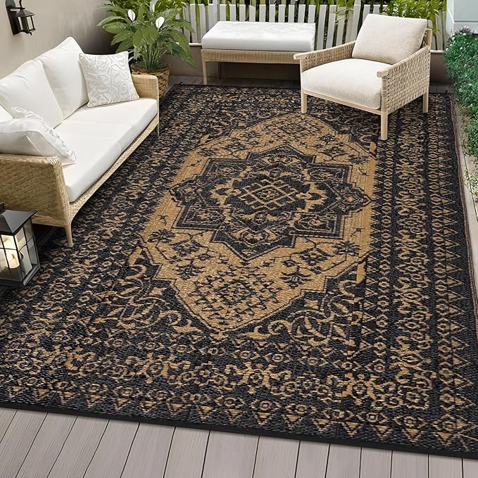 COZYLOOM Outdoor Plastic Straw Rug 9x18 Waterproof Reversible Plastic Straw Mat, Large Patio Rugs Vintage Medallion Area Rug for Deck, Balcony, Camping, Beach, Picnic, Indoor/Outdoor Use