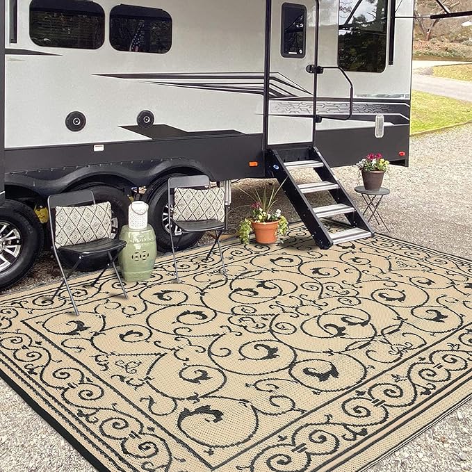 MilleLoomi 9x12 Outdoor Rug Waterproof Foldable Plastic Straw Carpet for Patio Porch Vintage Reversible Mat Lightweight Floor Mat for Picnic, Backyard, Rv, Beach, Deck, Camper, Balcony，Black Beige