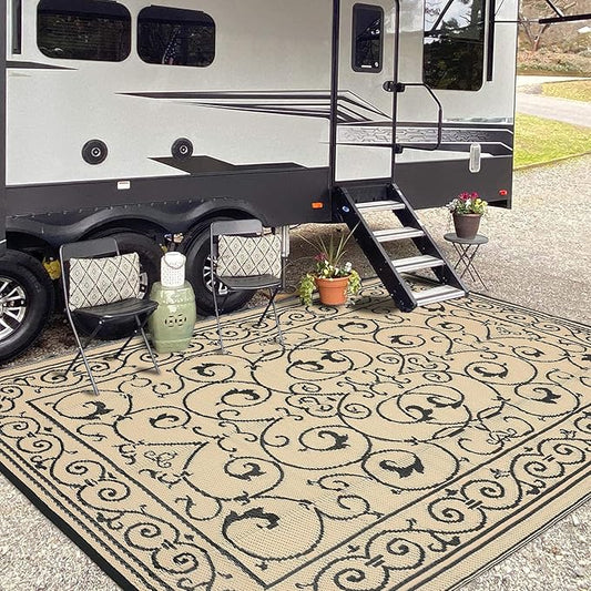 MilleLoomi 9x12 Outdoor Rug Waterproof Foldable Plastic Straw Carpet for Patio Porch Vintage Reversible Mat Lightweight Floor Mat for Picnic, Backyard, Rv, Beach, Deck, Camper, Balcony，Black Beige