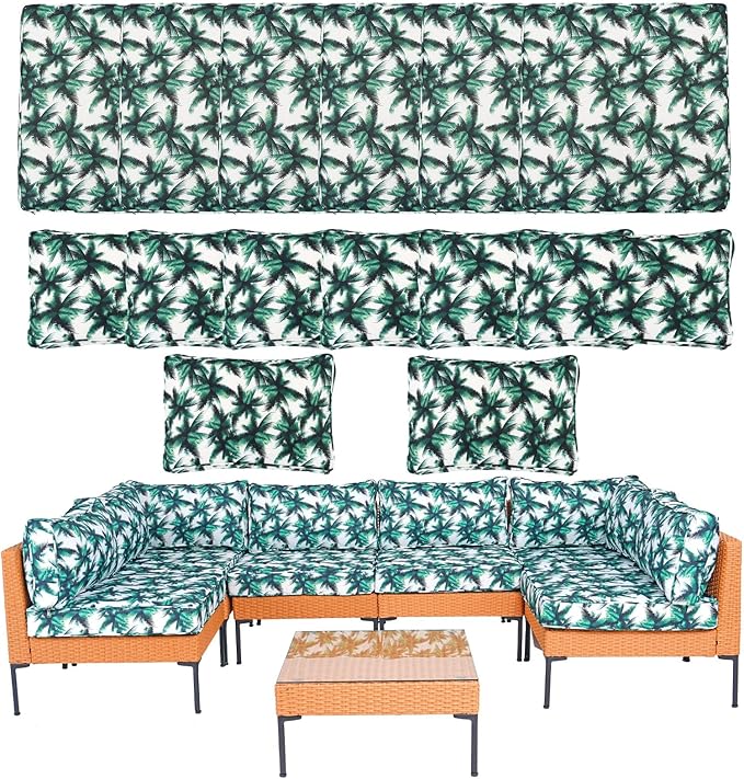 14Piece Outdoor Sofa Cushion Replacement, Patio Furniture Waterproof Cushion with Zippers, fit 6-Seat Outdoor Wicker Rattan Sectional Couch (Palm Leaf, 24.8"x24.8"x3.15")