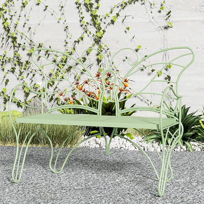 Outdoor Bench Patio Outdoor Garden Bench with Built-in Table, Butterfly Bench for Outside, 3 People Outdoor Bench Garden Bench Front Porch Furniture (Green, 49.2inch)