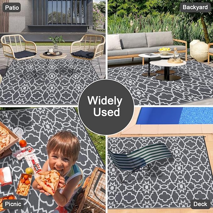 GAOMON Outdoor Rug Waterproof 8x10 Modern Camping Carpet for Patio, UV-Resistant Outdoor Plastic Straw Rug, Geometric Floral Reversible Floor Mats for Picnic, Porch, Deck, Beach, Grey/White(Floral)