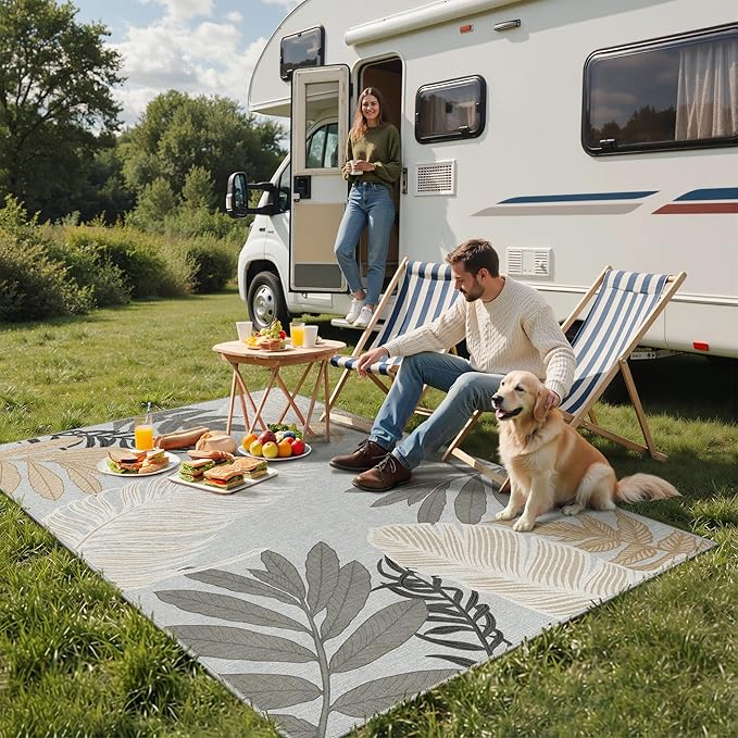 GENIMO Outdoor & Indoor Area Rug 5'x8', Waterproof, Non-Shedding, Easy Cleaning, Leaf Mat for Patio, Living Room, Balcony, Dining Room, RV, Deck, Bedroom, Camping, Outside Carpet, Sand Grey