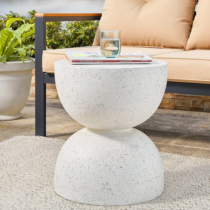 Glitzhome Outdoor Side Table, Round Accent End Table, Lightweight Hourglass Faux Terrazzo Decorative Garden Stool, 17.75" H White Planter Stand for Patio Porch Balcony Living Room