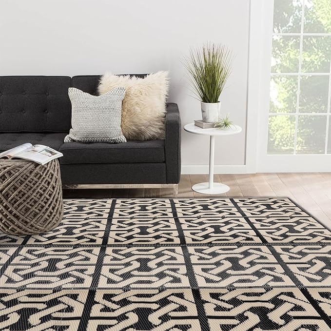 SAND MINE Reversible Mats, Plastic Straw Rug, Modern Area Rug, Large Floor Mat and Rug for Outdoors, RV, Patio, Backyard, Deck, Picnic, Beach, Camping, Trailer, Black & Beige, 5' x 8'