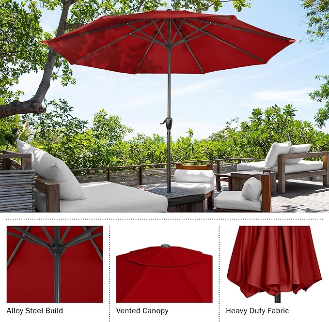 Pure Garden Patio Umbrella with Vented Canopy - 9 Ft Easy Crank Outdoor Umbrella for Shade - For Deck, Balcony, Porch, Backyard, or Pool (Red)