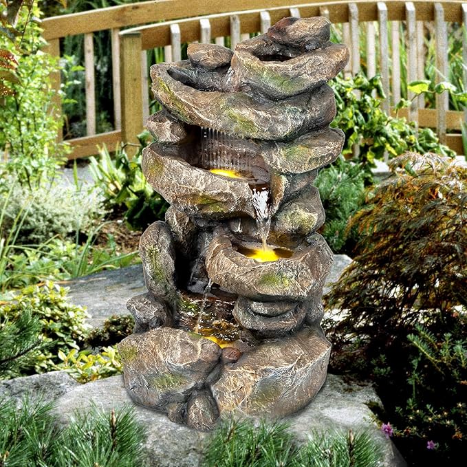 Ferrisland 31.5” Outdoor Rock Waterfall Fountain – 5-Tier Rustic Cascading Water Feature with LED Lights | Relaxing Flow & Ambient Glow for Garden, Patio, Yard | Stylish Home Decor Idea
