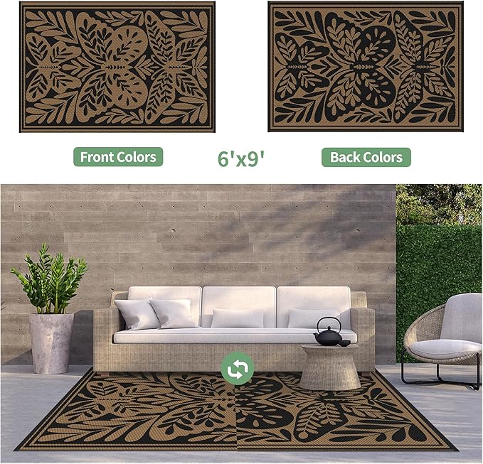 GENIMO Outdoor Rug 6' x 9' Waterproof for Patio Clearance, Reversible Plastic Straw Camping Mat, Lightweight Carpet for Rv, Camper, Deck, Porch, Picnic, Balcony, Beach, H.Black & Brown