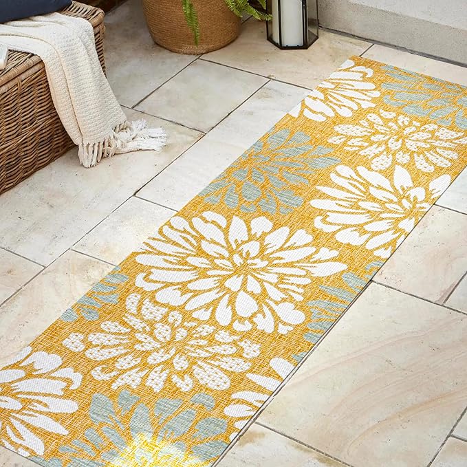 JONATHAN Y Floral Textured Weave Indoor Outdoor Runner Rug 2X8 Yellow/Cream, Zinnia Modern for Backyard, Patio, Porch, Easy-Cleaning, High Traffic, Pet-Friendly, Non-Shedding (SMB110G-28)