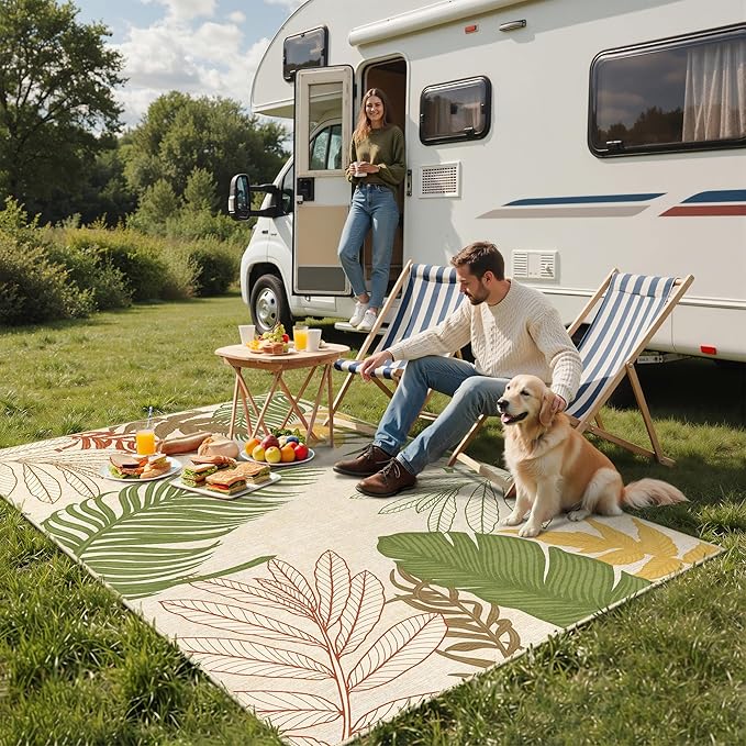 GENIMO Outdoor & Indoor Area Rug 4'x6', Waterproof, Non-Shedding, Easy Cleaning, Leaf Mat for Patio, Living Room, Balcony, Dining Room, RV, Deck, Bedroom, Camping, Outside Carpet, Olive Mustard