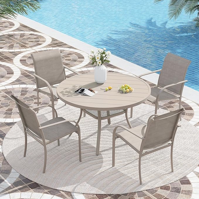 VICLLAX Patio Stackable Dining Chairs Set for 2, Outdoor Sling Chairs with Metal Frame for Front Porch Balcony Backyard Garden and Deck, Sandshell