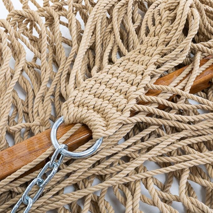 Original Pawleys Island Deluxe Tan DuraCord Rope Hammock – 13 ft. x 65 in, 2-Person, 450 lb Capacity, Oak Spreader Bar, Zinc-Plated Hardware, Handcrafted in The USA