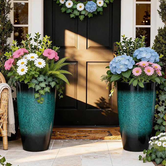23.8" Tall Outdoor Planters Set of 2, Ceramic-Look Large Flower Pots for Indoor Outdoor Plants, All Seasons for Porch, Balcony, Garden, Patio or Home Art Decor, Gradient Turquoise Finish