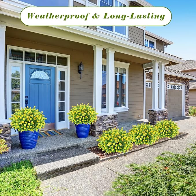 Yunlly 2 Pcs Outdoor Artificial Topiary Ball Trees 22" with Colorful Flowers, Boxwood Fake Bushes Shrubs with Spike, UV Resistant Evergreen Plants for Front Porch Garden Decor (Yellow)