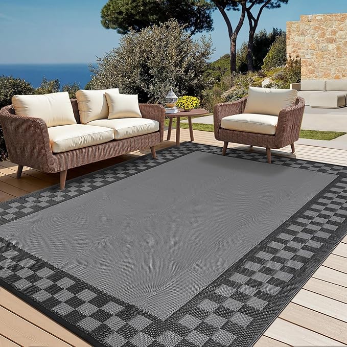 Garvee Outdoor Rug 10x14 Waterproof Fade-Proof Reversible Patio Rug Modern Neutral Outdoor Carpet, Plastic Straw Weather Resistant Large Camping Carpet for Garden Backyard Balcony,Gray & Black