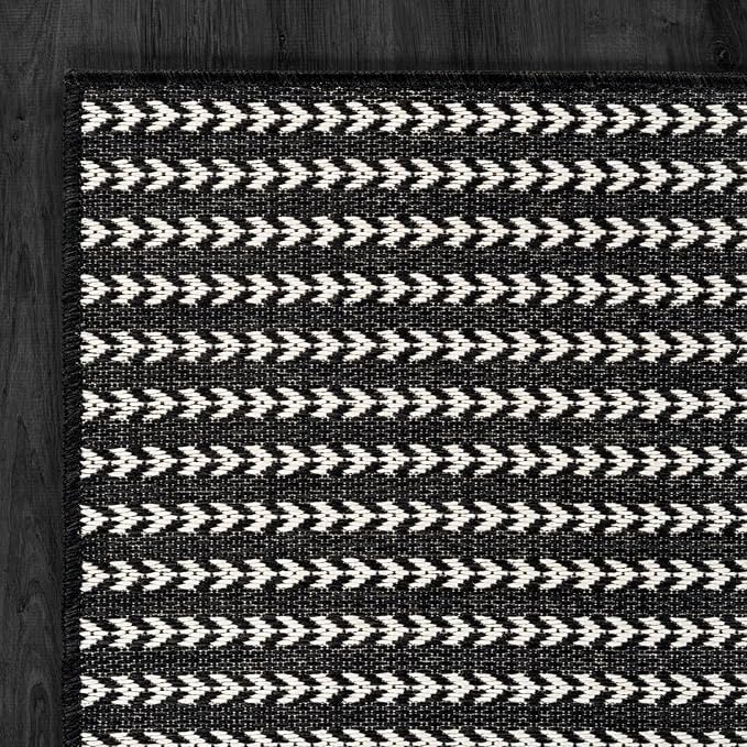 Washable Outdoor Rug 9x12 Modern Area Rugs Outdoor Carpets Striped Pattern Non Shedding Waterproof Easy Clean Patio Deck Porch Living Room Bedroom Garden RV (9 X 12 Black)