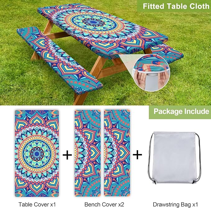 Picnic Table Cover with Bench Covers 6FT 3 Pcs Waterproof Windproof Aesthetic Camping Tablecloth with Drawstring Bag, Fitted for 6 Foot Rectangle Tables and Seats, 72 inch, Yellow Blue Orange