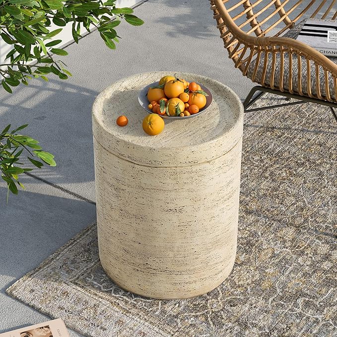 SUNBURY Outdoor Side Tables for Patio, Small Concrete Accent End Table, Stone Round Modern Coffee Furniture, Milky Cement Side Table