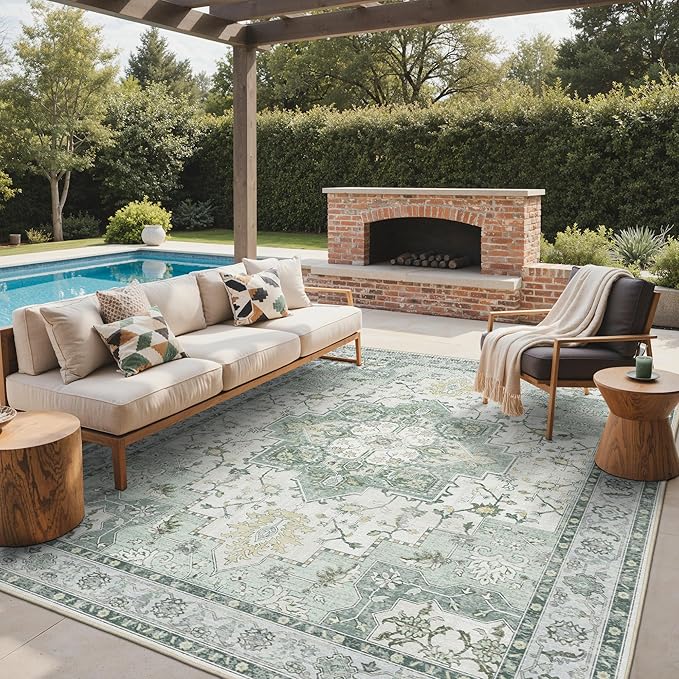 GENIMO Outdoor & Indoor Area Rug 8'x10', Waterproof, Non-Shedding, Easy Cleaning, Boho Mat for Patio, Living Room, Balcony, Dining Room, RV, Deck, Bedroom, Camping, Outside Carpet,Light Green