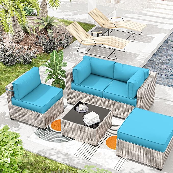 Outdoor Cushions for Patio Furniture with 5 Pillows, Waterproof Patio Furniture Cushions Replacement, 4" Deep Seat Outdoor Sectional Cushions for 4-seat Patio Furniture Chair Sofa Couch,Lake Blue