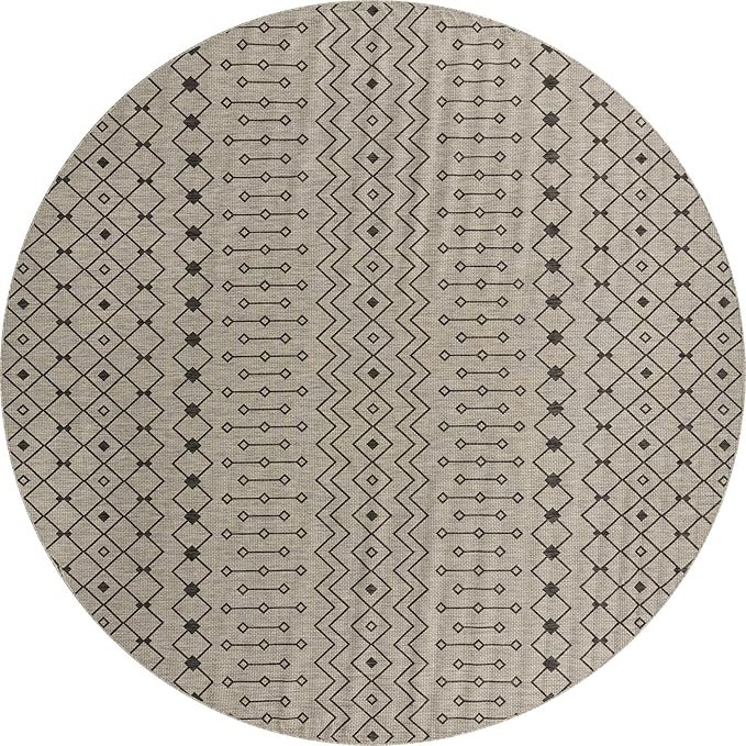 Unique Loom Outdoor Trellis Collection Area Rug - Tribal Trellis (13' Round, Gray/ Black)