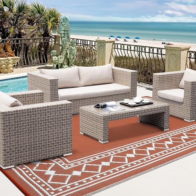 Garvee Outdoor Rug 9x12 ft, Waterproof Reversible Patio Mat, Plastic Straw Rug for RV, Camping, Deck, Balcony, Easy Clean & Portable,Terracotta/White