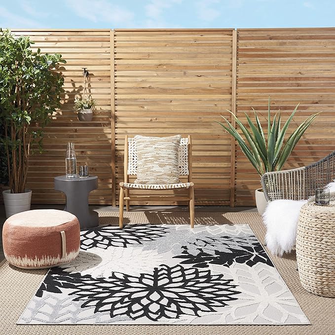 Nourison Home Aloha Indoor/Outdoor Black White 5'3" x 7'5" Area Rug, Tropical, Botanical, Easy Cleaning, Non Shedding, Bed Room, Living Room, Dining Room, Deck, Backyard, Patio (5x7)
