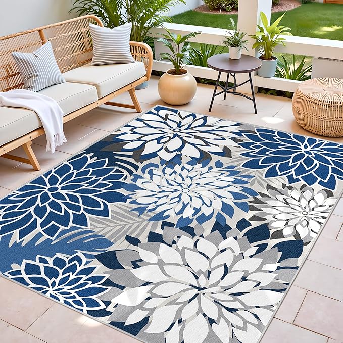Colorful 6x9 Outdoor Area Rug Washable Multicolored Patio Rug Tropical Botanical Floral Chenille Waterproof Outdoor Carpet Non-Slip for Patio, Deck, Backyard, Porch, Blue