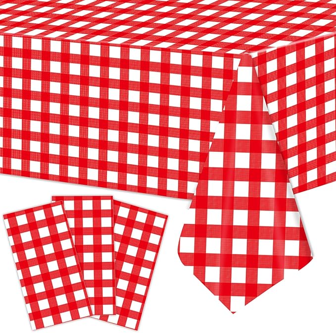 3 Pieces Red and White Checkered Plastic Tablecloth – 54x108 Inch Disposable Rectangle Gingham Table Covers for Picnic, BBQ, Summer Party, Italian Theme, Rustic Wedding and Outdoor Birthday Decoration