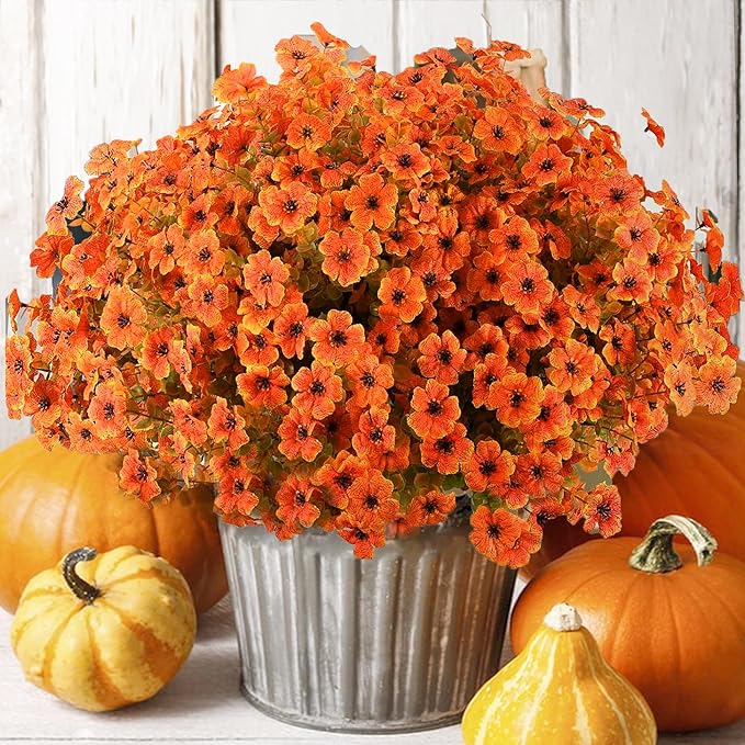 16 Bundles Artificial Mums for Outdoors Garden Home Decoration Fake Mums Decoration 4 Style UV Resistant Lifelike Faux Silk Daisy for Outside Home Planter Front Porch Patio No Fade Fall Decor