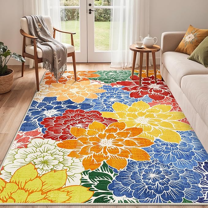 GENIMO Indoor Outdoor Area Rug 4'x6', Machine Washable Rugs for Patio, Waterproof, Non-Slip Easy Cleaning Floral Outdoor Mat Carpet for Living Room, Bedroom, RV, Balcony, Deck, Camping, Colorful