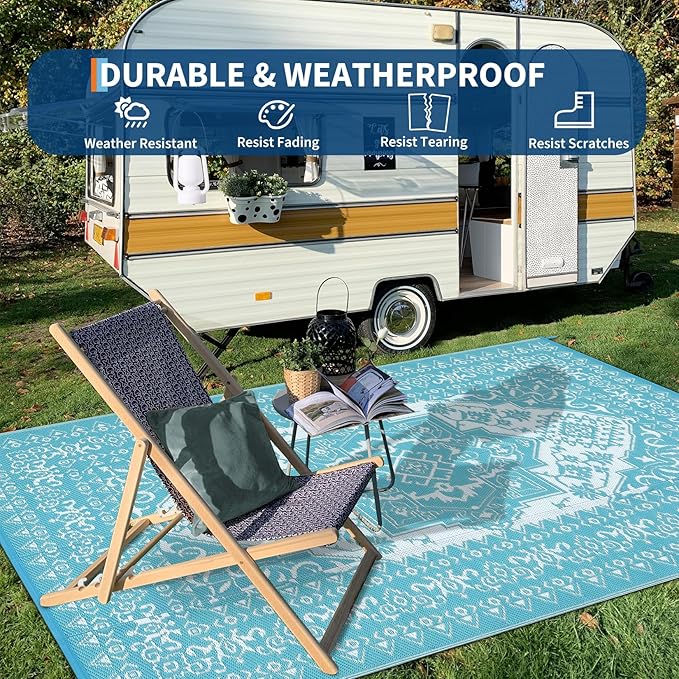 COZYLOOM Outdoor Rug 9x18 Waterproof Reversible Plastic Straw Mat, Large Patio Rug Vintage Medallion Area Rug Indoor Outdoor Rugs for Deck, Balcony, Camping, Beach, Picnic, Porch