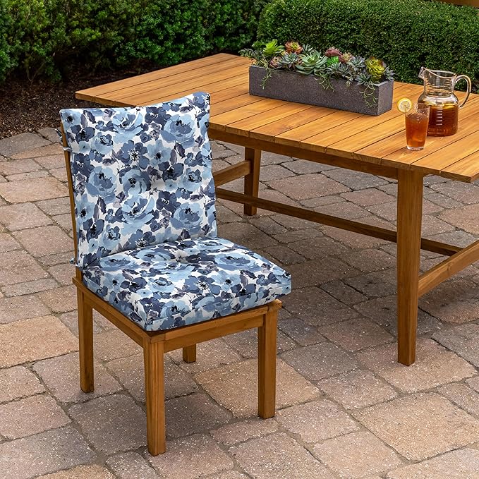 Arden Outdoor Plush Modern Tufted Blowfill Dining Chair Cushion, 21 x 40, Water Repellent, Fade Resistant, Tufted Cushion for Dining and Bistro Chairs, Blue Garden Floral