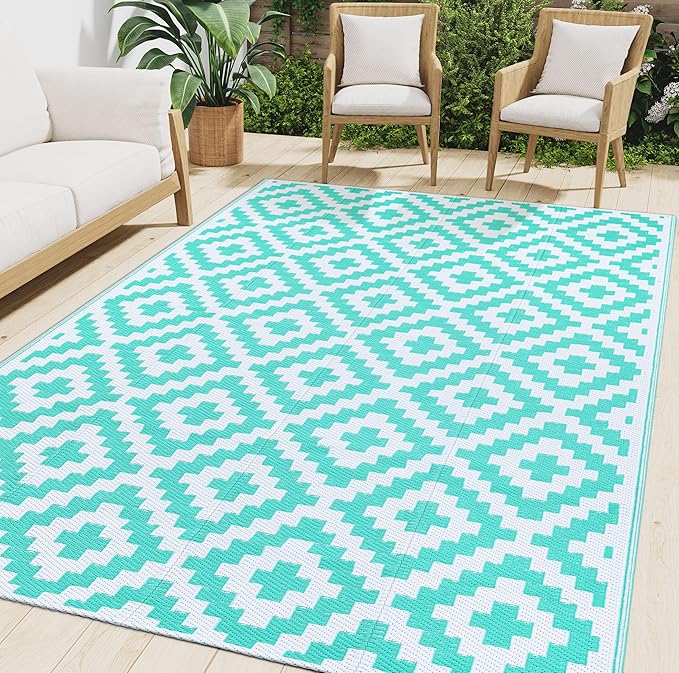 Smiry Waterproof Outdoor Rug 5x8 ft, Reversible Plastic Straw Patio Camping Rugs, Outdoor Indoor RV Mat Carpet for Patio, Outside Entry, Backyard, Deck, Bench, Picnic, Camper, White & Teal
