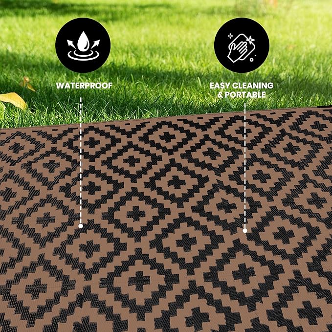 Utopia Home Waterproof Outdoor Rug for Patio 9x12 ft, Reversible Outdoor Plastic Straw Rug for Camping, Outdoor Balcony Rug, Camper Rug, Deck Rug, Outdoor RV Rugs for Under Awning - Black & Brown