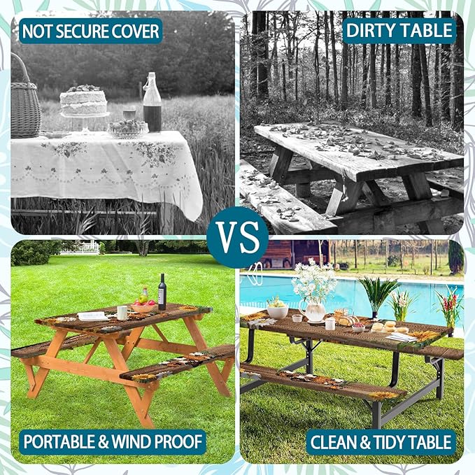 Picnic Table Cover with Bench Covers, Sunflower Wood RV Essentials Waterproof Windproof Camping Tablecloth with Drawstring Bag, for Indoor & Outdoor, Garden, Camping 3PCS, 60in, Brown