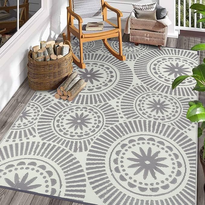 Ileading Reversible Plastic Outdoor Rug Modern Geometric Style Patio Straw Mat Waterproof Deck Carpets Non Shedding Portable Area Rugs for RV Beach Backyard Outside Pool Picnic Camping(6'x9'Grey)