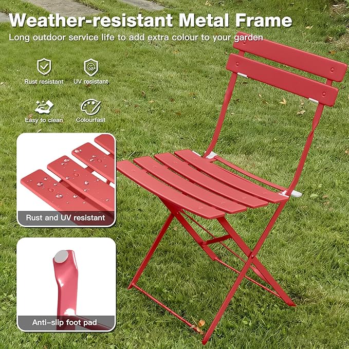 3 Piece Bistro Set, Folding Patio Furniture Set, Outdoor Table and Chairs Set for Patio, Garden, Balcony and Poolside, Red