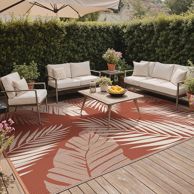 GENIMO Outdoor Rug 10' x 14' Waterproof for Patios Clearance, Reversible Plastic Straw Camping Carpet, Large Area Rugs Mats for RV, Picnic, Backyard, Deck, Balcony, Porch, Beach, Brick&Red