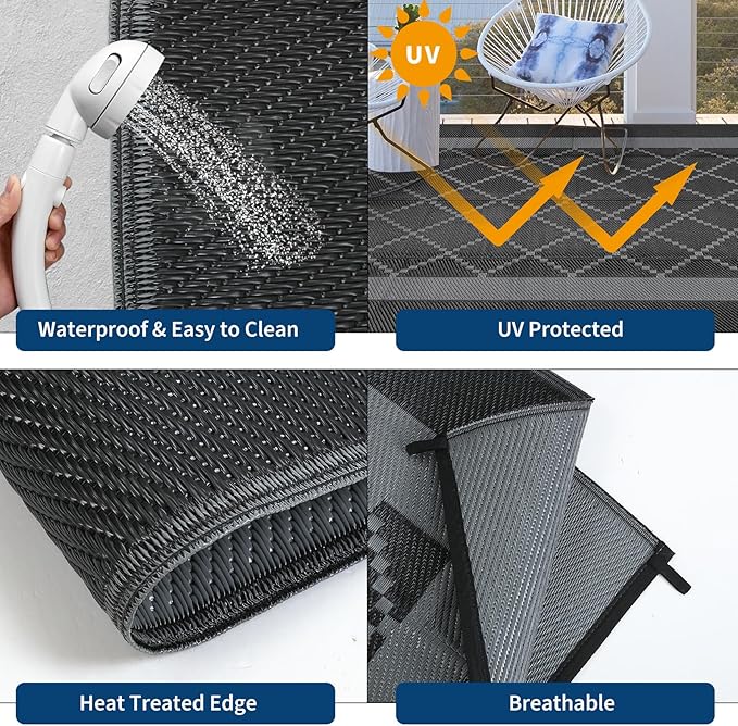 Outdoor Rug for Patio 9x12 Waterproof Camping Mat Reversible Plastic Straw Floor Carpet Modern Diamond Indoor Outdoor Large Area Rug for RV Deck Balcony Backyard Black/Grey