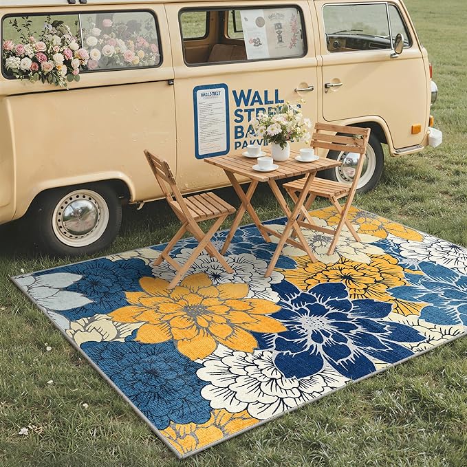 GENIMO Indoor Outdoor Area Rug 4'x6', Machine Washable Rugs for Patio, Waterproof, Non-Slip Easy Cleaning Floral Outdoor Mat Carpet for Living Room, Bedroom, RV, Balcony, Deck, Camping, Navy Blue