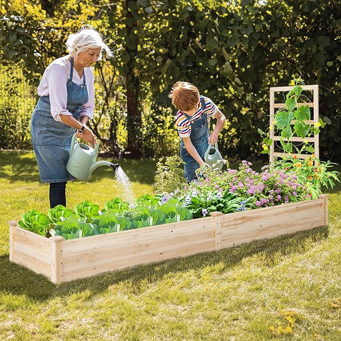 Giantex Raised Garden Bed with Trellis, 93" L x 25" W x 40" H, Wood Planter Box for Vegetables Flowers Herbs Fruits Climbing Plants Cucumber, Easy Assembly, Outdoor Rectangular Floor Gardening Beds