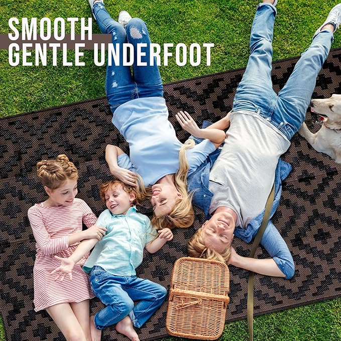 OLANLY Waterproof Outdoor Rug 4x6 ft, Outdoor Plastic Straw Rug for Camping, RV Mat Outside, Outdoor Carpet for Porch, Deck, Backyard, Balcony, Picnic, Black & Brown