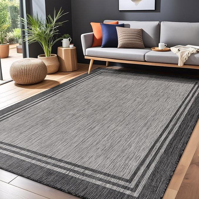 Bordered Outdoor Rug 8x10 Washable Outside Carpet for Indoor Patio Porch Waterproof Easy Cleaning Non Shedding Area Rugs Dark Gray 8 x 10