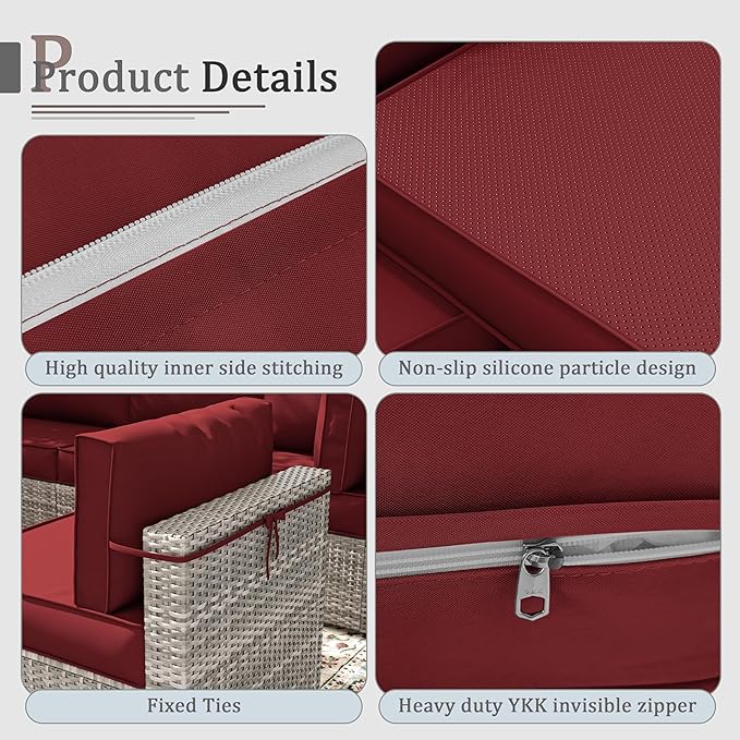 Outdoor Cushions for Patio Furniture with 5 Pillows, Waterproof Patio Furniture Cushions Replacement, 4" Deep Seat Outdoor Sectional Cushions for 4-seat Patio Furniture Chair Sofa Couch,Burgundy