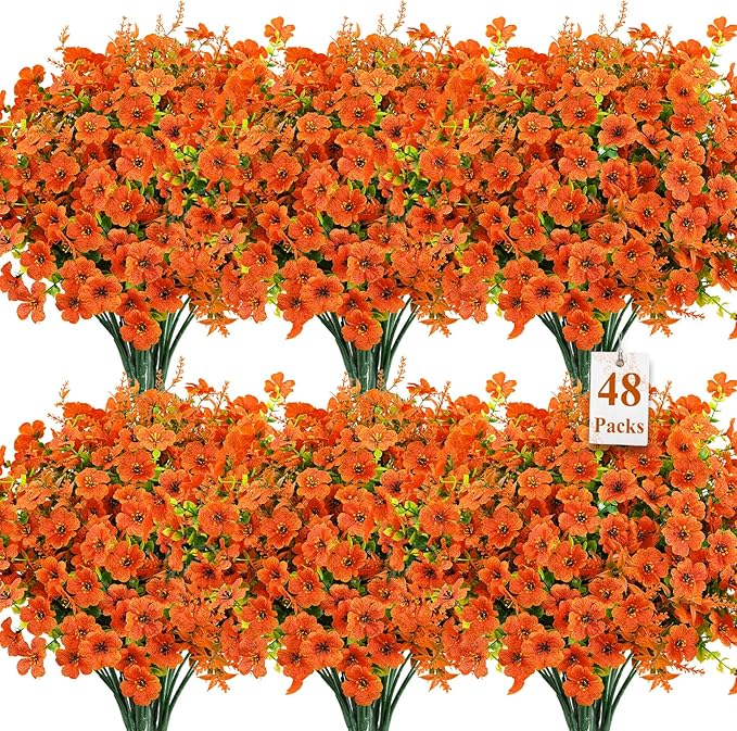 SHareconn 48 Bundles Artificial Flowers for Outdoors Decoration, Faux Plants Fake Silk Colorful Daisy Eucalyptus Lavender, UV Resistant for Outside Home Porch Patio Indoor Spring Decor, Orange