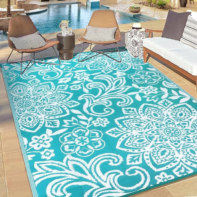 Findosom Waterproof Outdoor Rug 5' x 8' - Reversible Mandala Outdoor Plastic Straw Rug, Durable Foldable Patio Rug for RV, Deck, Balcony, Backyard, Picnic, Porch, Camping, Beach, Blue